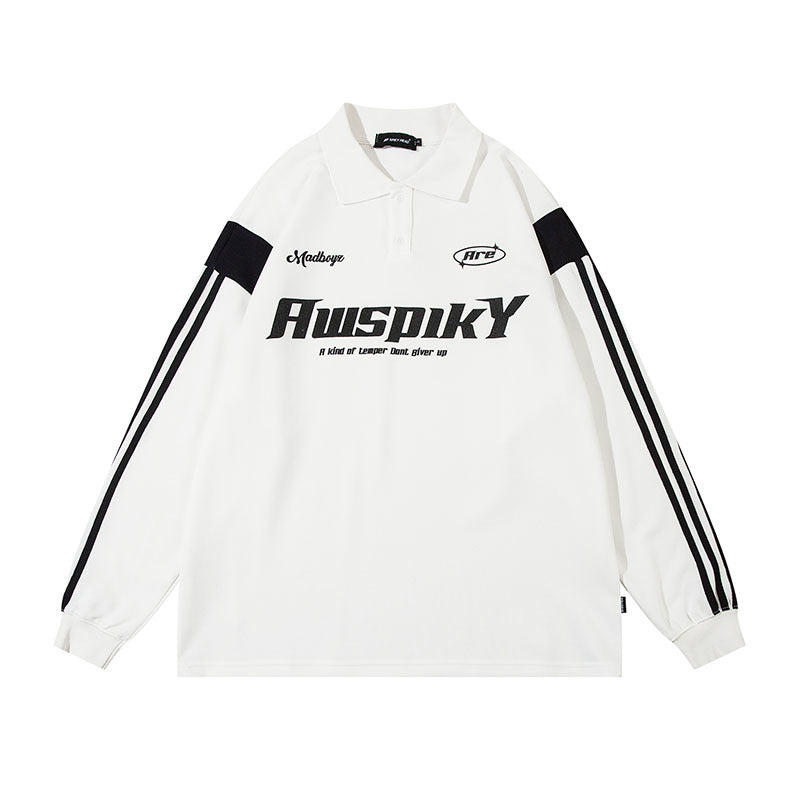 Men Long Sleeve Shirt Preppy Style Polo Lapel Long Sleeve T-shirt Men and Women Hiphop Retro