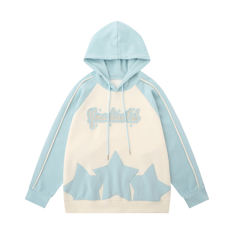 Men Hoodie Color Contrast Patchwork Raglan Sleeve Hooded Pullover Hip Hop Street Fashion Five-Pointed Star Paste Cloth Embroidery