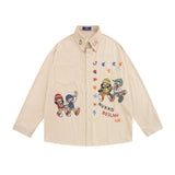 Men Long Sleeved T Shirt Cartoon Embroidered Long Sleeve Shirt Loose Casual Street Trendy