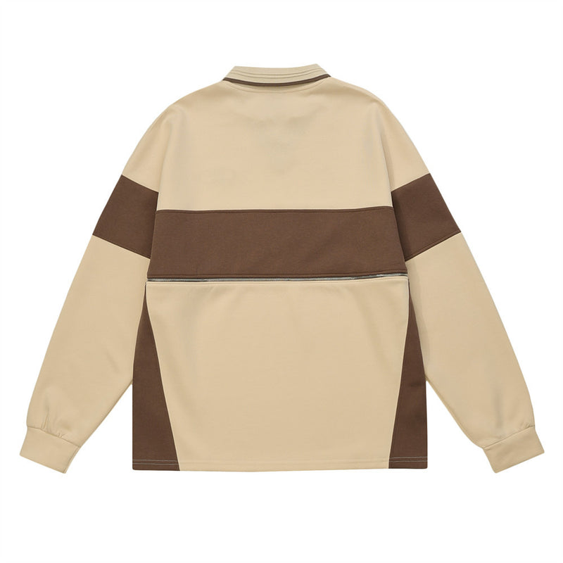 Men Hoodie Color Contrast Patchwork Lapel Sweater Zipper Stitching Letter Embroidery Long Sleeve