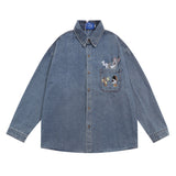 Men Long Sleeved T Shirt Embroidered Jerry and Tom Shirt Coat Men's Trendy Loose Washed-out Denim Long Sleeve