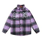 Men Long Sleeved T Shirt Embroidered Letters Colorblock Check Shirt Men's Ins Loose