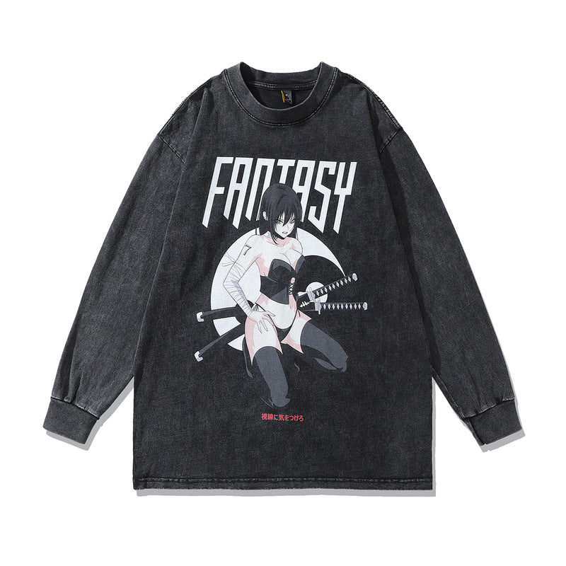 Men Long Sleeve Shirt Hip Hop Washed and Worn Long Sleeve T-shirt Base Hoodie Men and Women