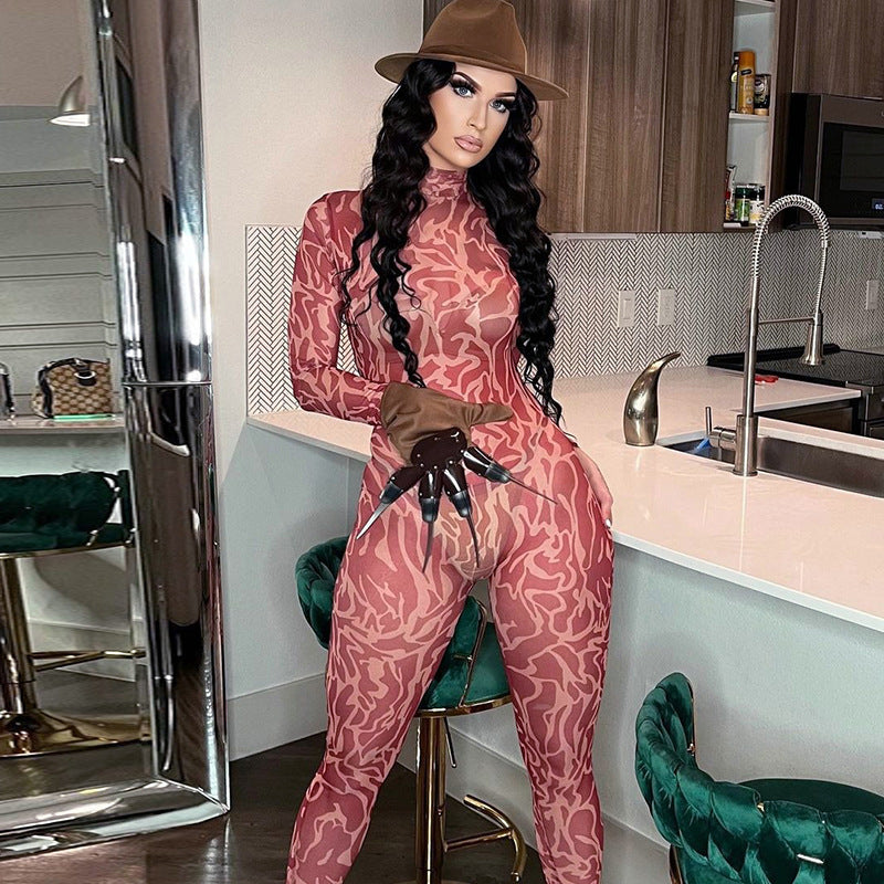 Women Jumpsuit Winter Fashion Printing Long Sleeve Jumpsuit