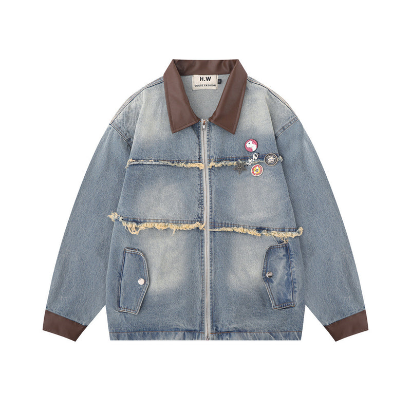 Men Denim Jacket Men's Loose Lapels Washed and Worn Denim Jacket