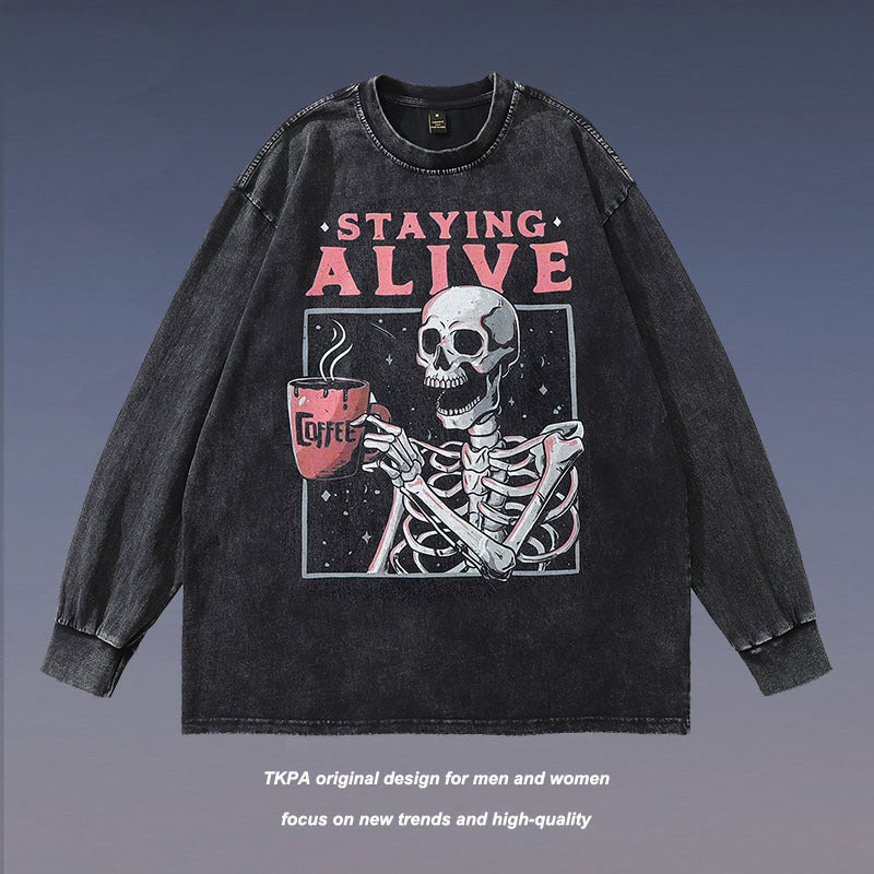 Men Long Sleeve Shirt Skull Print Long Sleeve T-shirt Men and Women Distressed Top