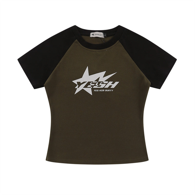 Women T-shirt Short Sleeve T-shirt Women's Raglan Sleeve Color Matching Summer round Neck