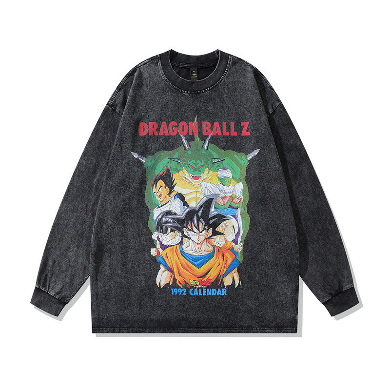 Men Long Sleeve Shirt Distressed Cartoon Long Sleeve T-shirt Men's Trendy Ins High Street Hip Hop