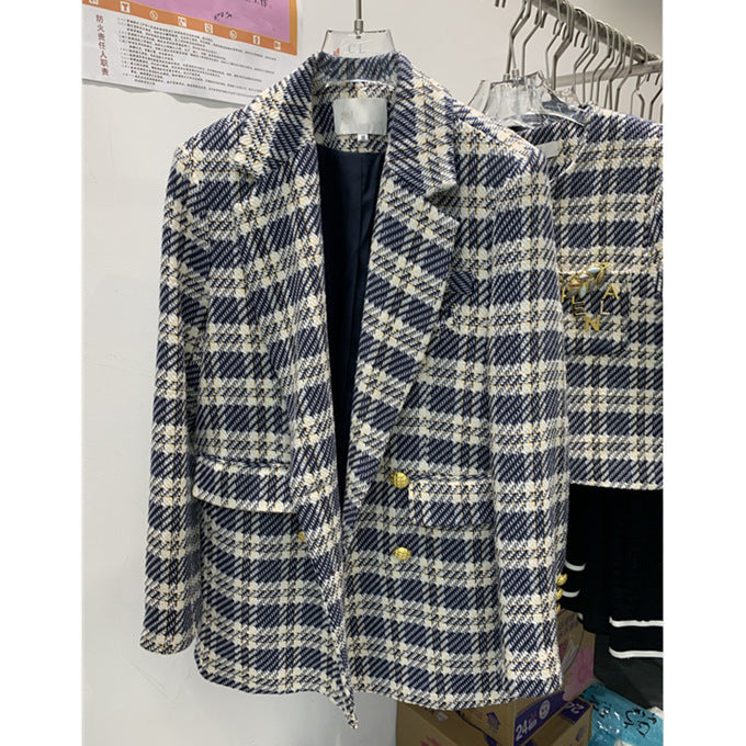 Plaid Trench Coat Autumn and Winter Thickening Women's Korean-Style Long Sleeve Single Breasted