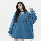 Men Hoodie V-neck Loose Pullover Sweatershirt Word Drawstring Sports Casual Top