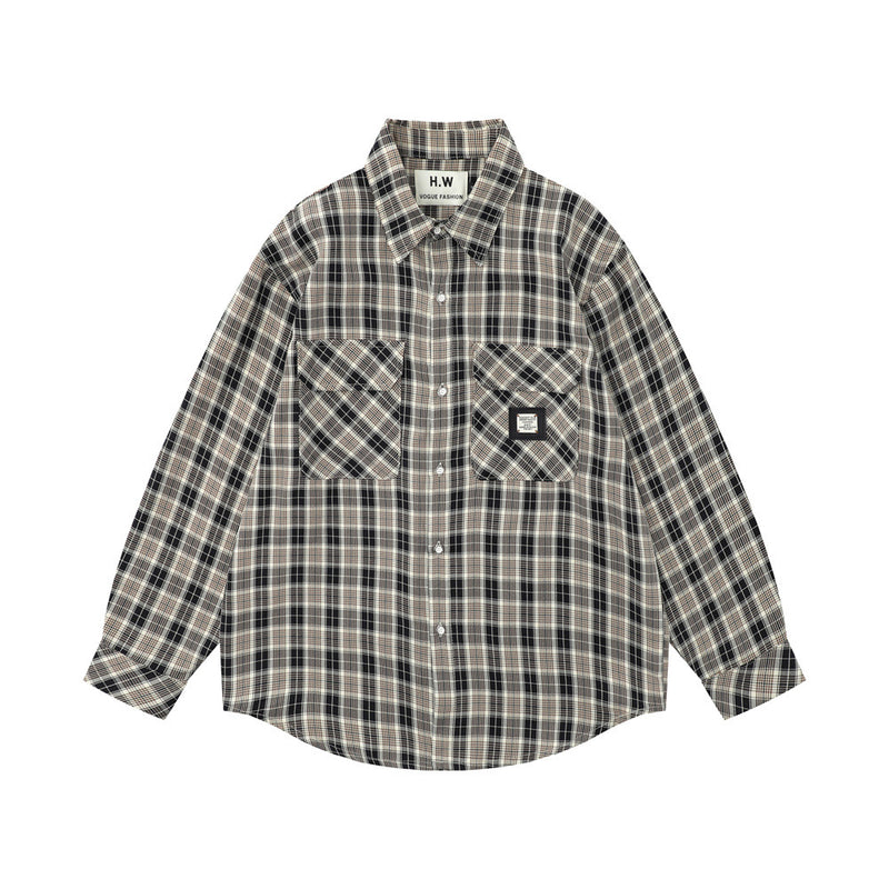 Men Long Sleeved T Shirt Plaid Long Sleeve Shirt Men Ins Spring and Autumn Letter Embroidery Loose Casual Jacket