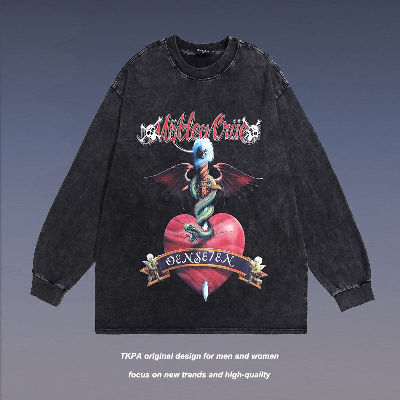 Men Long Sleeve Shirt Punk Vintage Printed Washed Long Sleeve T-shirt for Men and Women