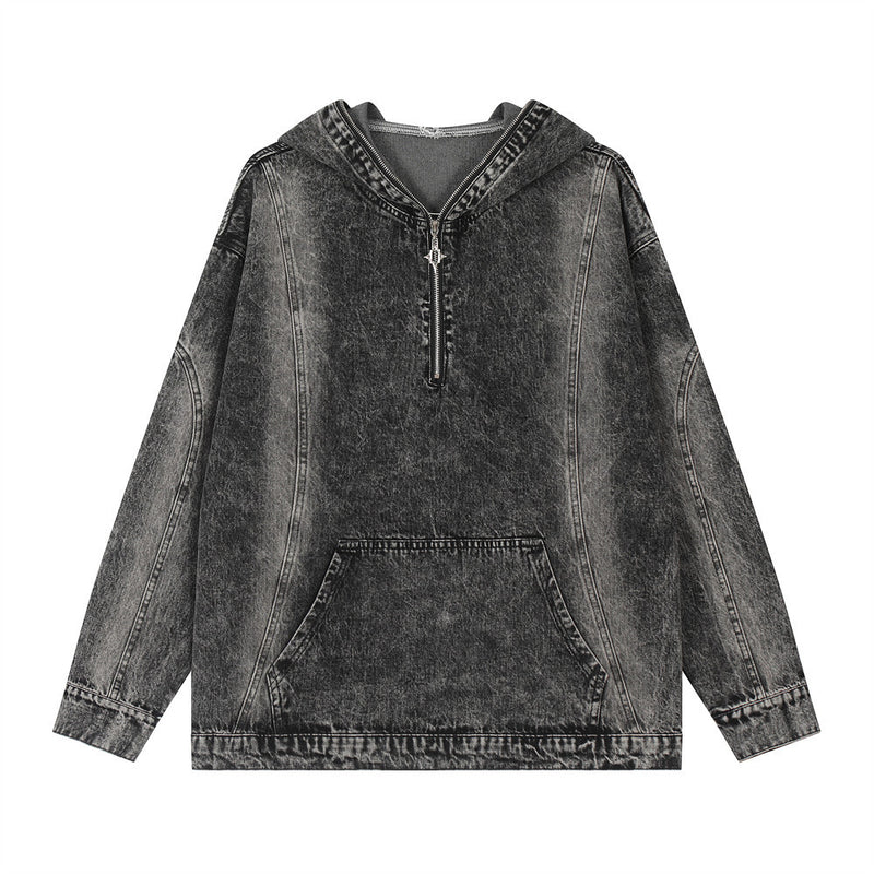 Men Denim Jacket Hooded Sweater Men's Washed Distressed Pullover Denim Clothing Autumn