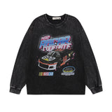 Men Long Sleeve Shirt Hip Hop Cartoon Printed Washed Long Sleeve T-shirt Men and Women Retro Bottoming