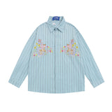 Men Long Sleeved T Shirt Cartoon Vertical Striped Long Sleeve Shirt Boys Casual Loose Lapels Shirt Ins Spring and Autumn