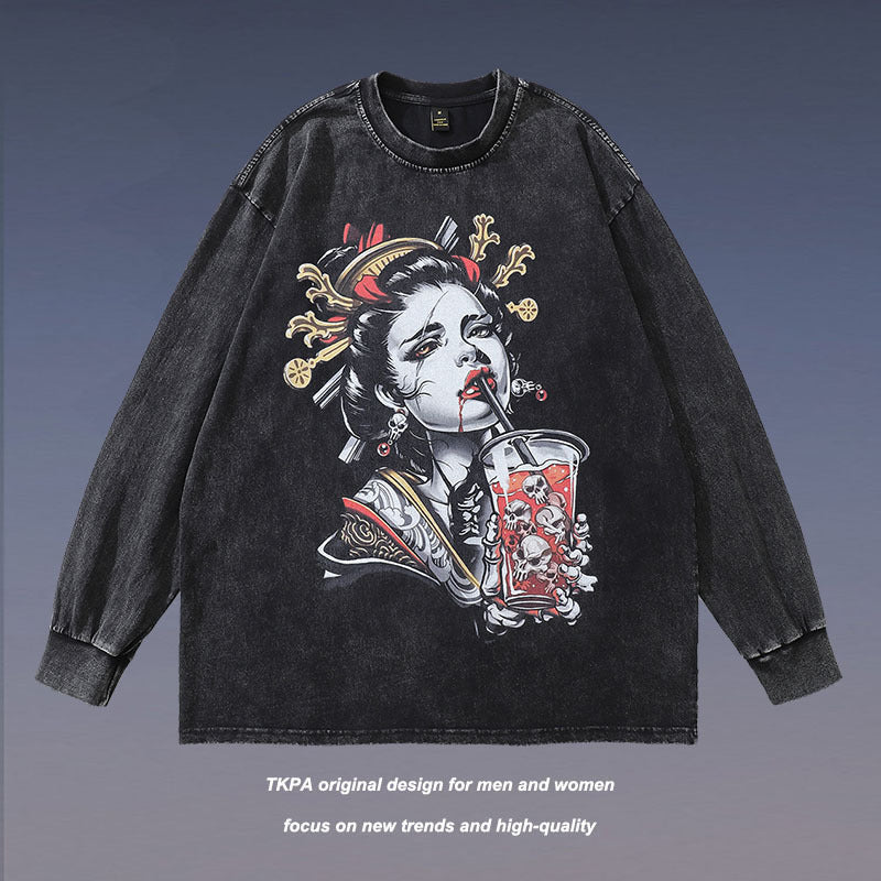 Men Long Sleeve Shirt Printed Vintage Distressed Long Sleeve T-shirt for Men and Women