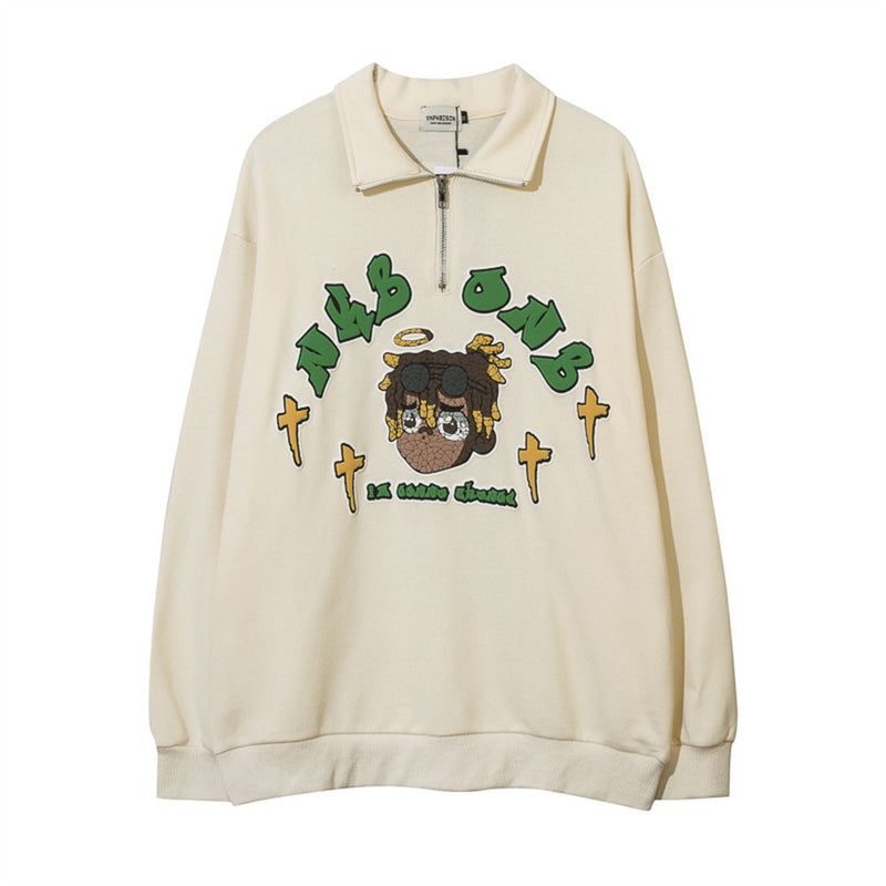 Men Hoodie Cartoon Character Puff Print Lapel Sweater Loose Half Zipped Stand Collar Pullover