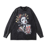 Men Long Sleeve Shirt Vintage West Coast Hiphop Cartoon Distressed Long Sleeve T-shirt Men and Women Washed