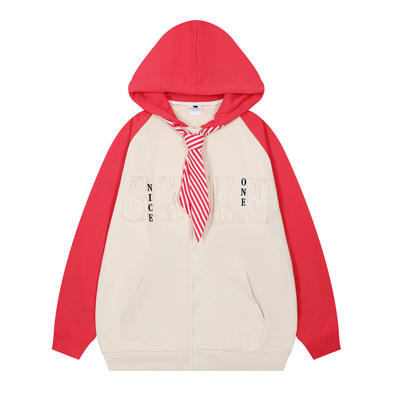 Men Hoodie Color Matching Cardigan Sweater Boys Loose Tie Decoration Long Sleeve Hooded Jacket
