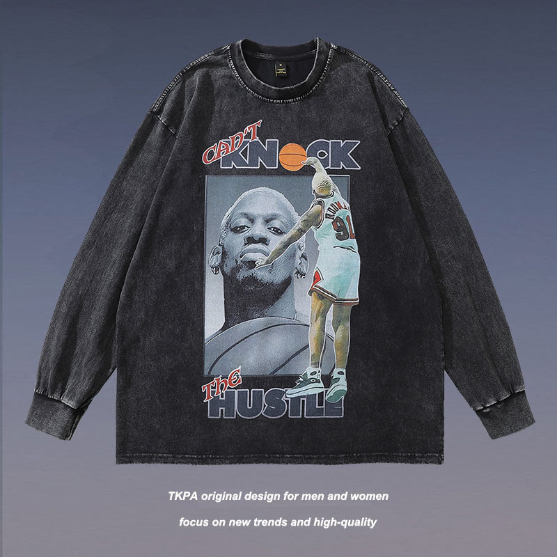 Men Long Sleeve Shirt Portrait Printing Washed Long Sleeve T-shirt for Men and Women