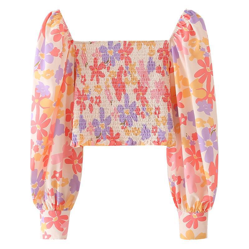 Women T-Shirt Printed Elastic Long Sleeve Top