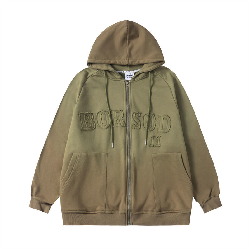 Men Fleece Lined Hoodie Fall/Winter Hoodie Men's Gradient Letter Embroidery Zipper Jacket