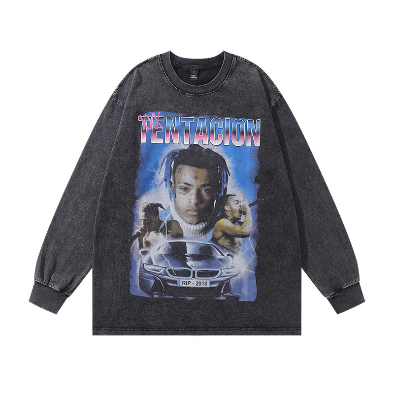 Men Long Sleeve Shirt Rap Character Print Washed and Worn Long Sleeve Bottoming T-shirt for Men and Women