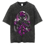 Vintage Black Washed Cotton Tees Shirts Anime Graphic