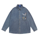 Men Long Sleeved T Shirt Embroidered Jerry and Tom Shirt Coat Men's Trendy Loose Washed-out Denim Long Sleeve