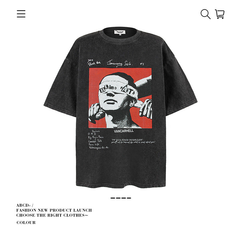 American vintage street T-shirt pure cotton retro men's and women's summer loose half sleeves