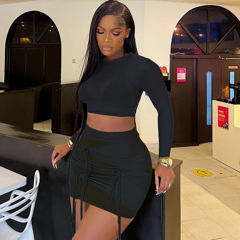 Women Co-Ord Set round Collar Gauze Short T-shirt Skirt Fashion