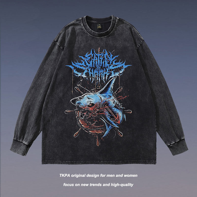 Men Long Sleeve Shirt Washed Long Sleeve Bottoming T-shirt Men and Women Hip Hop Top