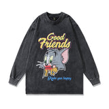 Men Long Sleeve Shirt Vintage Distressed Washed Printed Long Sleeve T-shirt Bottoming Shirt for Men and Women
