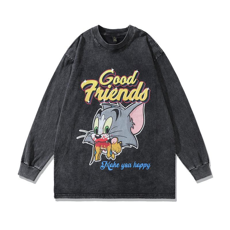 Men Long Sleeve Shirt Vintage Cartoon Printed Distressed Long Sleeve T-shirt Bottoming Shirt for Men