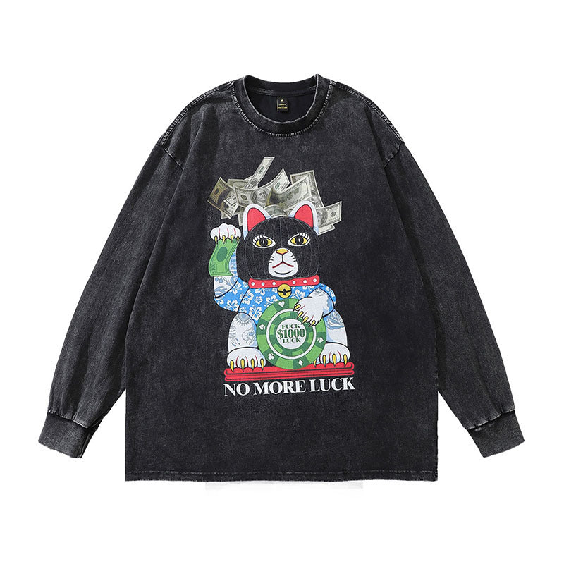 Men Long Sleeve Shirt Cartoon Printed Long-Sleeved T-shirt Men and Women Idle Style Vintage Distressed