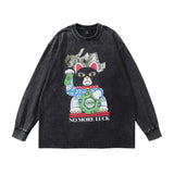 Men Long Sleeve Shirt Cartoon Printed Long-Sleeved T-shirt Men and Women Idle Style Vintage Distressed