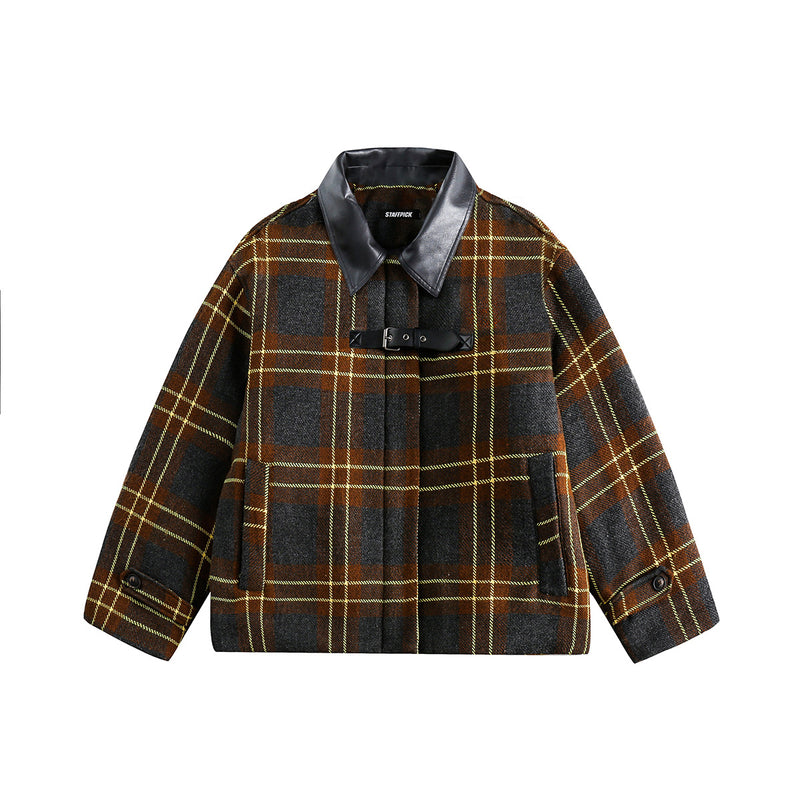 Unisex Jacket Winter Plaid Leather Patchwork Collar Cotton Jacket