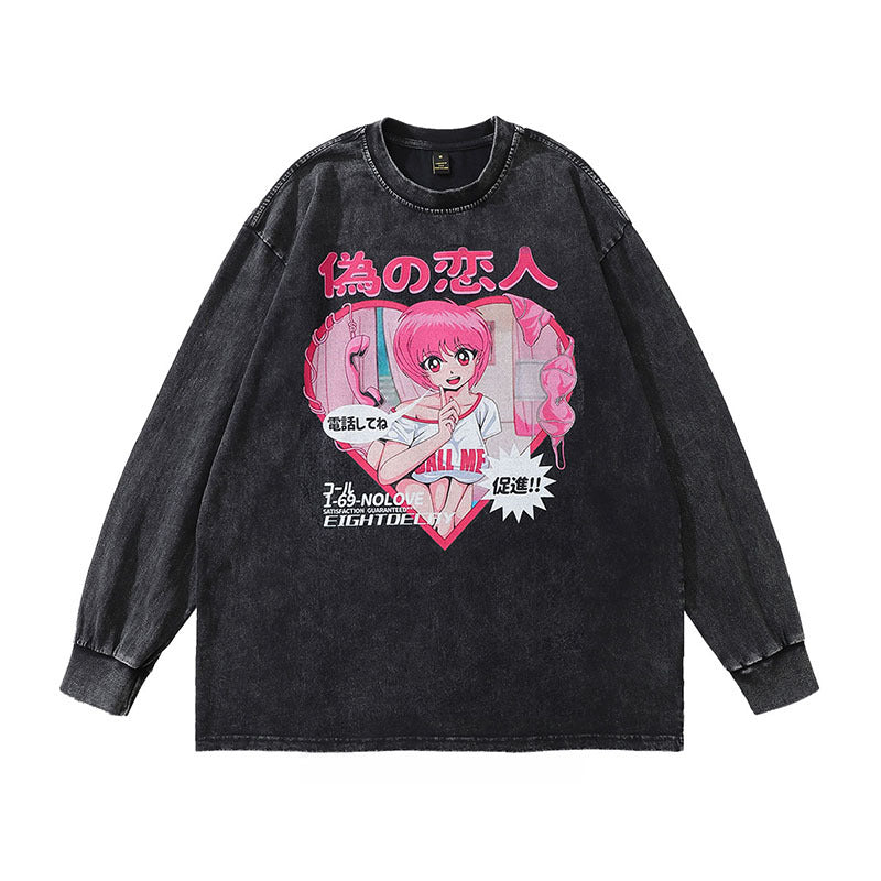 Men Long Sleeve Shirt Cartoon Printed Distressed Long Sleeve T-shirt Men and Women Retro
