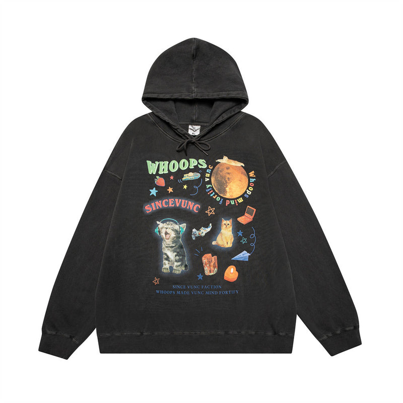 Men Hoodie Kitten Print Hooded Loose Sweater Loose