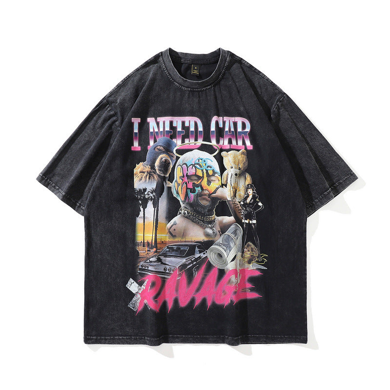 Men's T Shirt Retro Loose Hip Hop Short-Sleeved T-shirt Men's Distressed Print