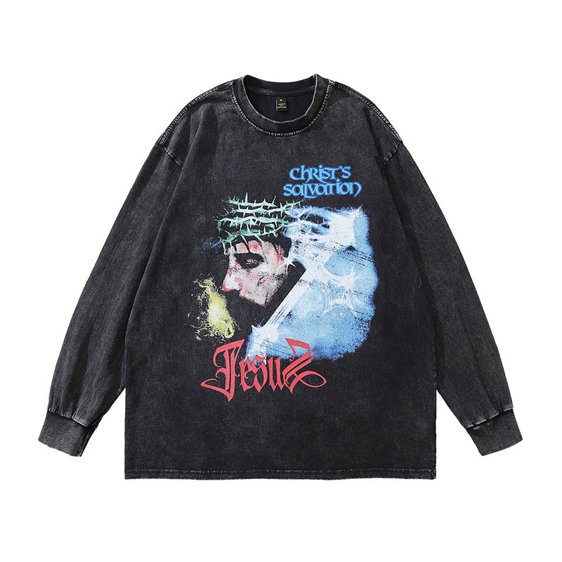 Men Long Sleeve Shirt Design Print Distressed Bottoming Long Sleeve T-shirt Men and Women Ins