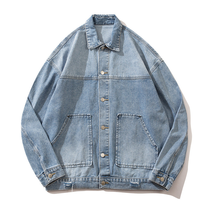 Men Denim Jacket Washed and Worn Denim Jacket Men Vibe Casual Denim Baggy Coat