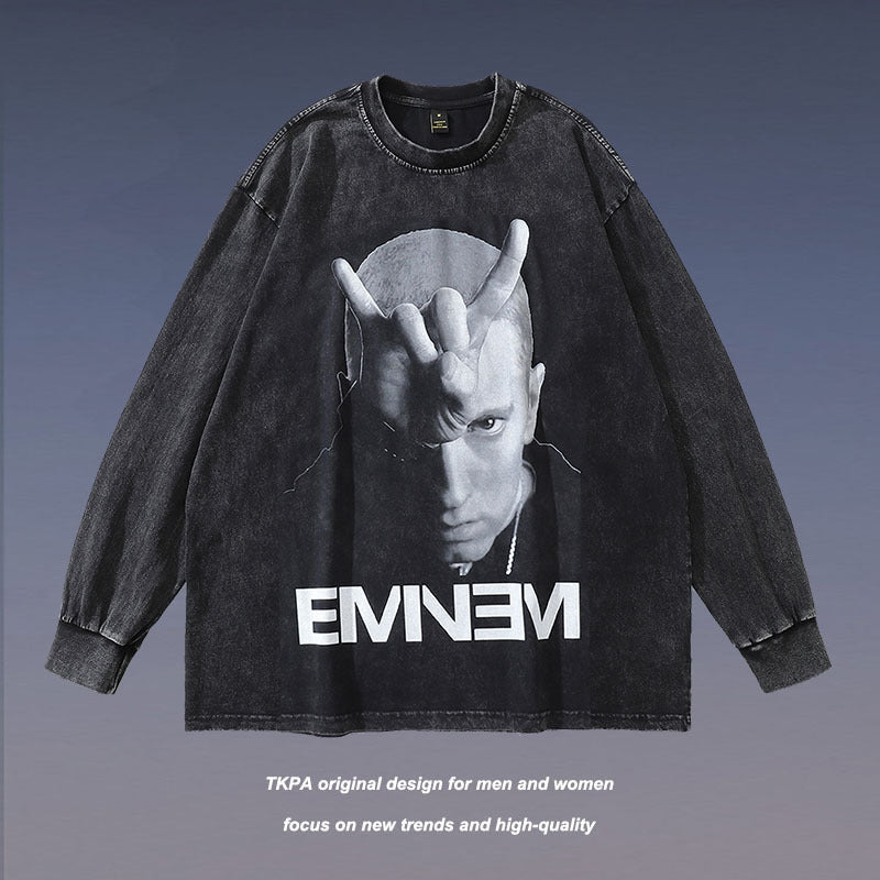 Men Long Sleeve Shirt Printed Vintage Long Sleeve T-shirt Men and Women Washed and Worn