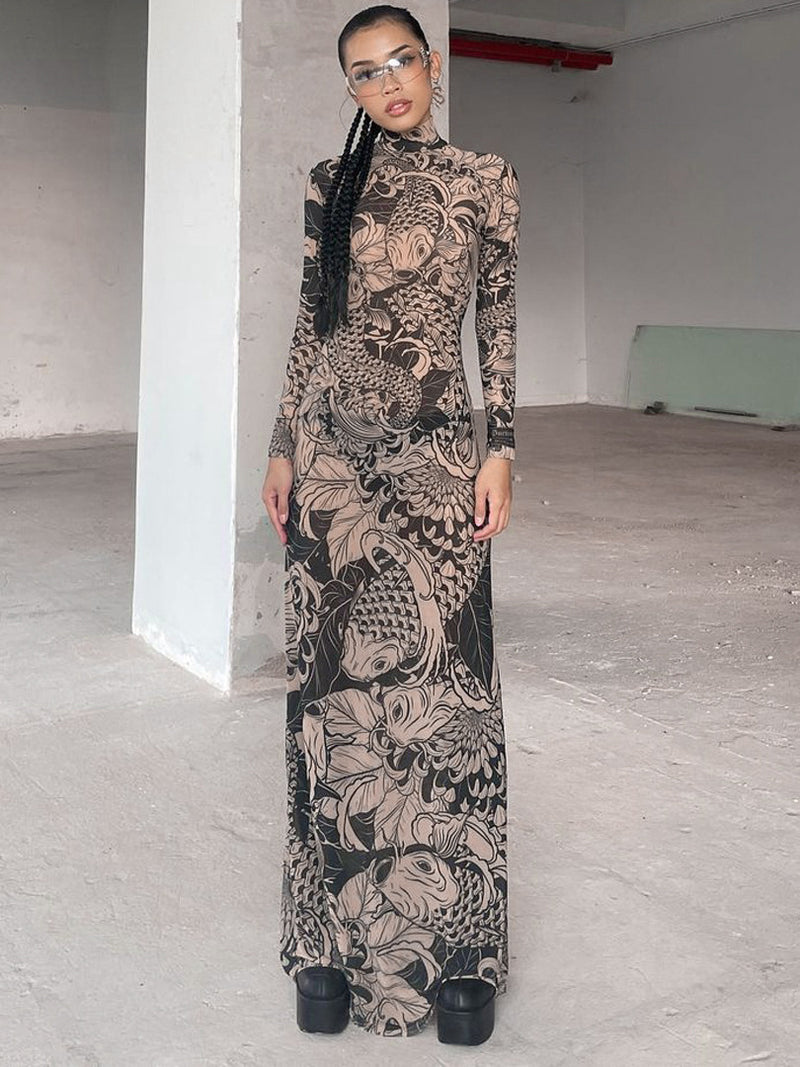 Women Dresses Autumn Fashion Printed Turtleneck Slim Fit Dress Women