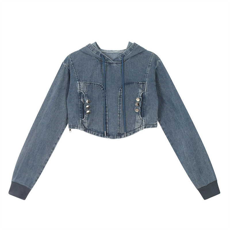 Women Hoodie Denim Hooded Sweater Women's Short Spring and Autumn Top