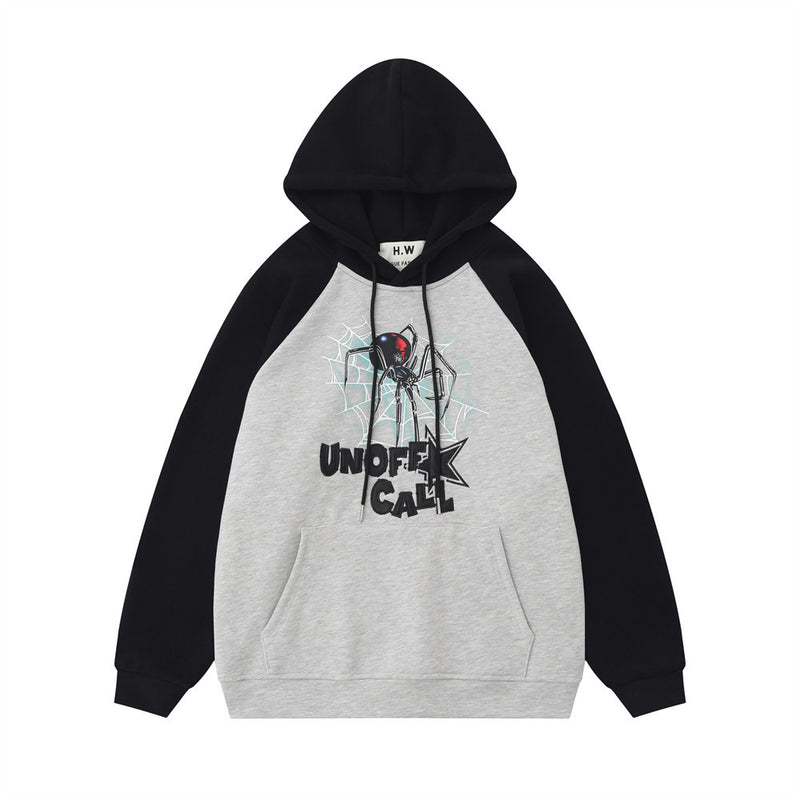 Men Hoodie Spider Web Embroidered Letters Hooded Pullover