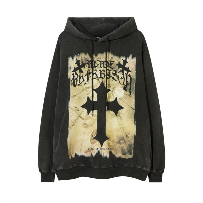 Men Hoodie Cross Printed Hoodie Men's Washed Distressed Loose Pullover Hoodie