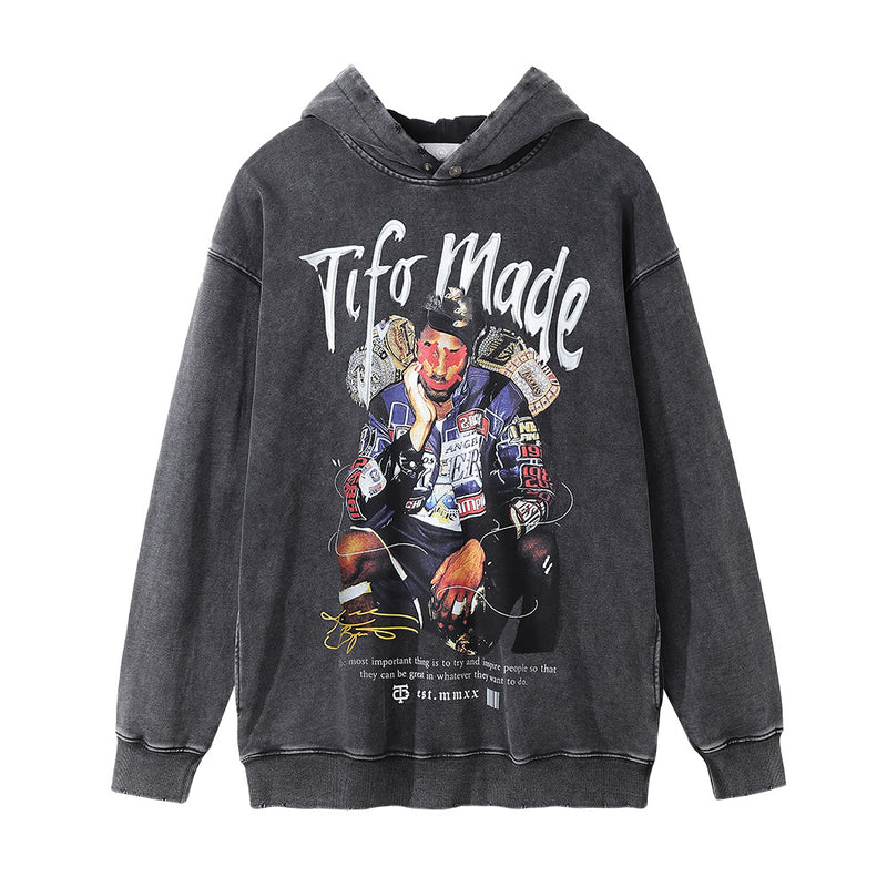 Men Hoodie Printed Washed Distressed Hooded Sweaters Menswear