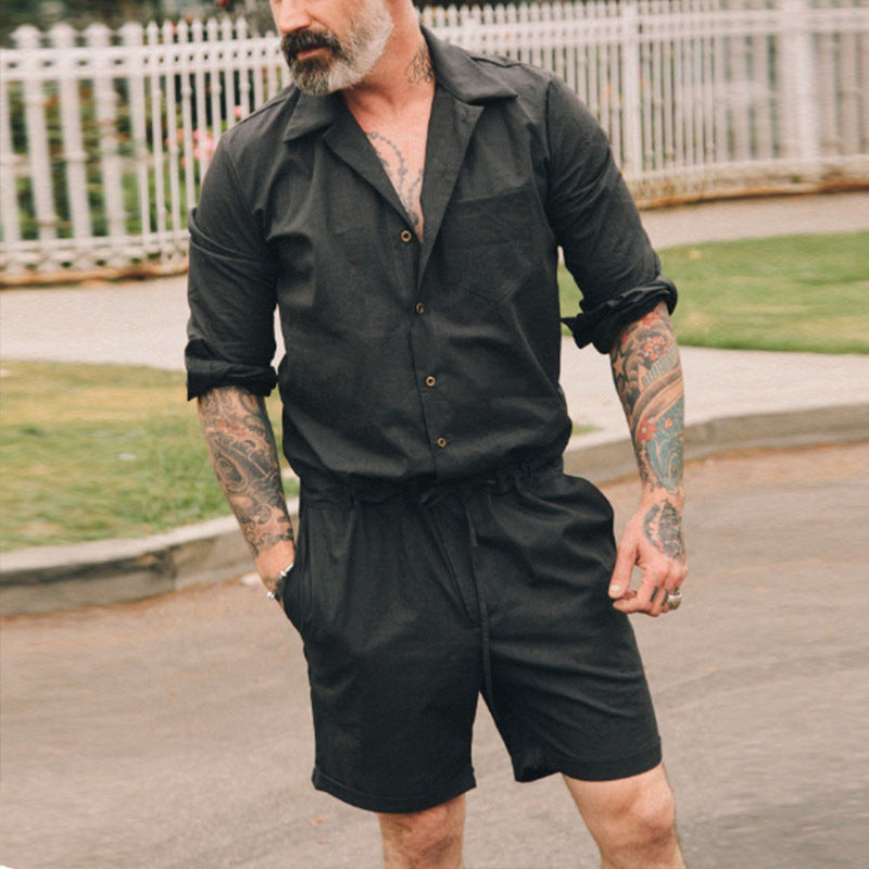 Men Co-Ords Summer Men Leisure Set Cotton and Linen Jumpsuit