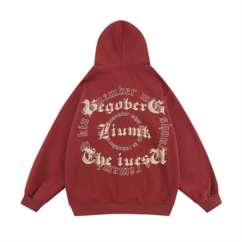 Men Fleece Lined Hoodie Letter Print Hooded Cardigan Sweater Male Loose Zipped Sports Coat